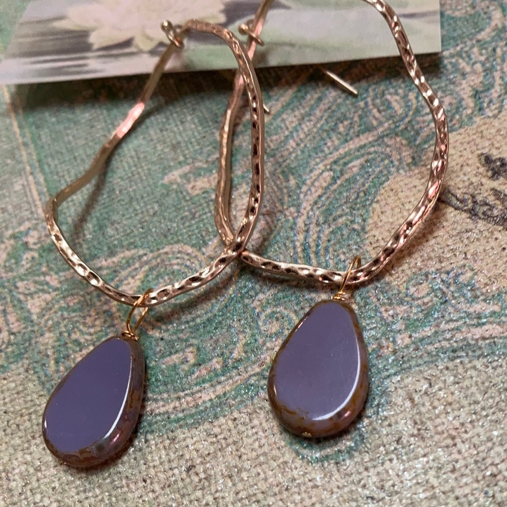 Gold Hoop Earrings with Lavender Teardrop Pendant